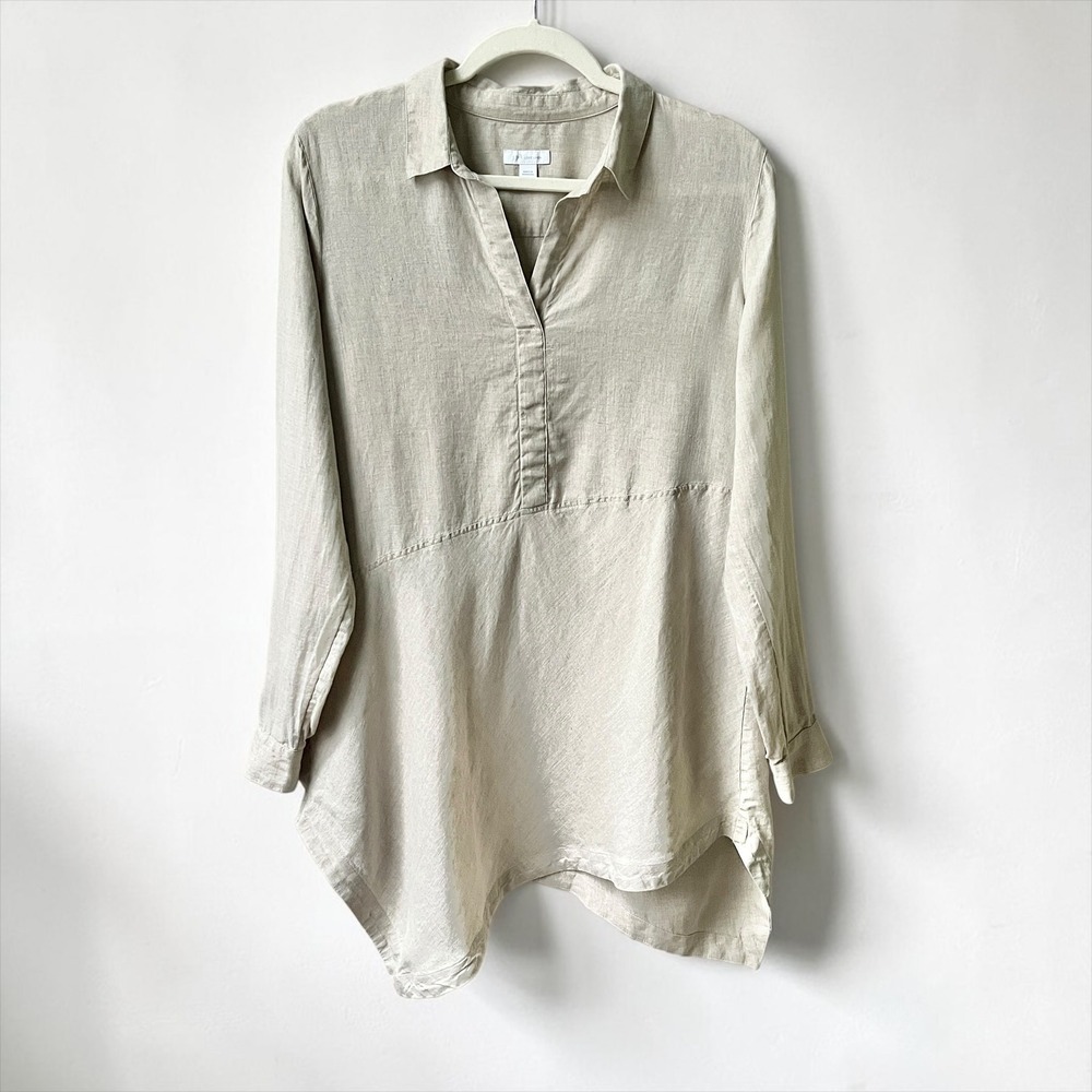 J. Jill Love Linen Tunic Top Women's Small Tan Asymmetrical Hem Japandi Boho
